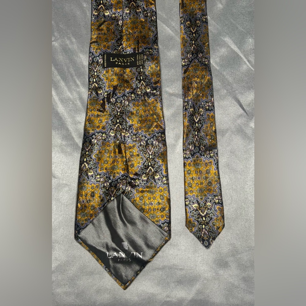 Men’s Lanvin Gold Blue Black Geometric Regular Designer Silk France Tie - Picture 3 of 4